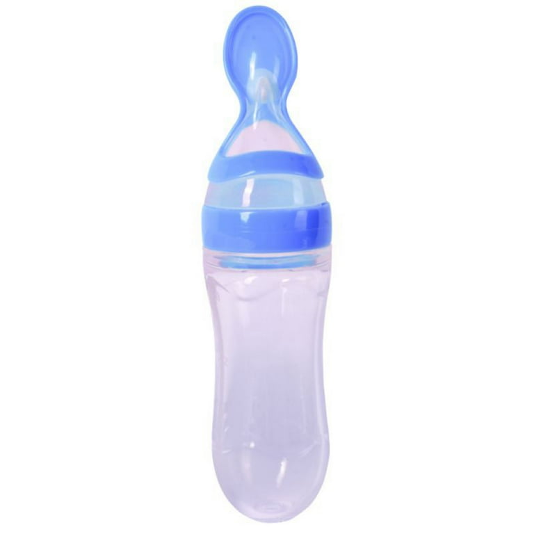 Baby Silicone Squeeze Feeding Bottle with Spoon Food Rice Cereal Feeder, Blue