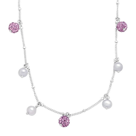 Luminesse Girl's Lilac Freshwater Pearl Necklace with Purple Swarovski Crystals in Sterling Silver
