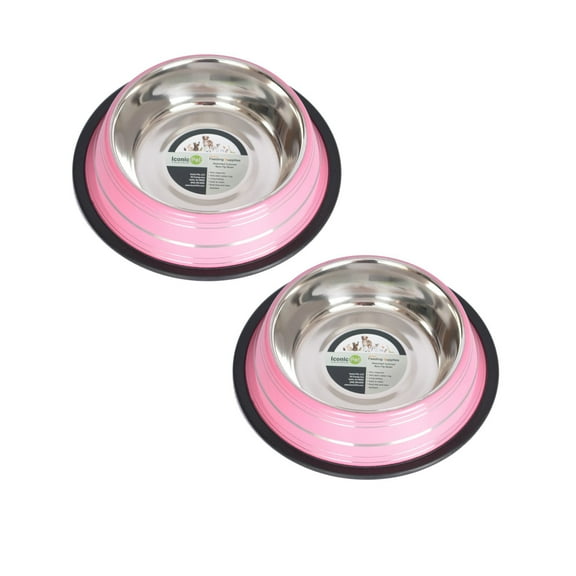 Iconic Pet 2-Pack Color Splash Stripe Non-Skid Pet Bowl For Dog Or Cat, Pink, 64 Oz, 8 Cup