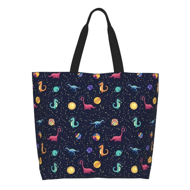 Fotbe Space Dinosaur Bolsa Tote Estética de Lona con Estampado para Mujer - Bolsa Reutilizable de Hombro Casual para Vacaciones, Compras, Trabajo y Gimnasio