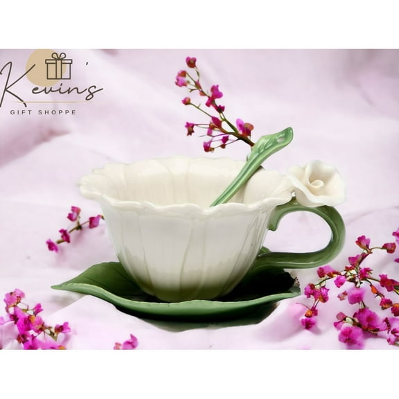 Ceramic White Daisy Flower Cup Saucer Spoon Set 4 Oz Gift