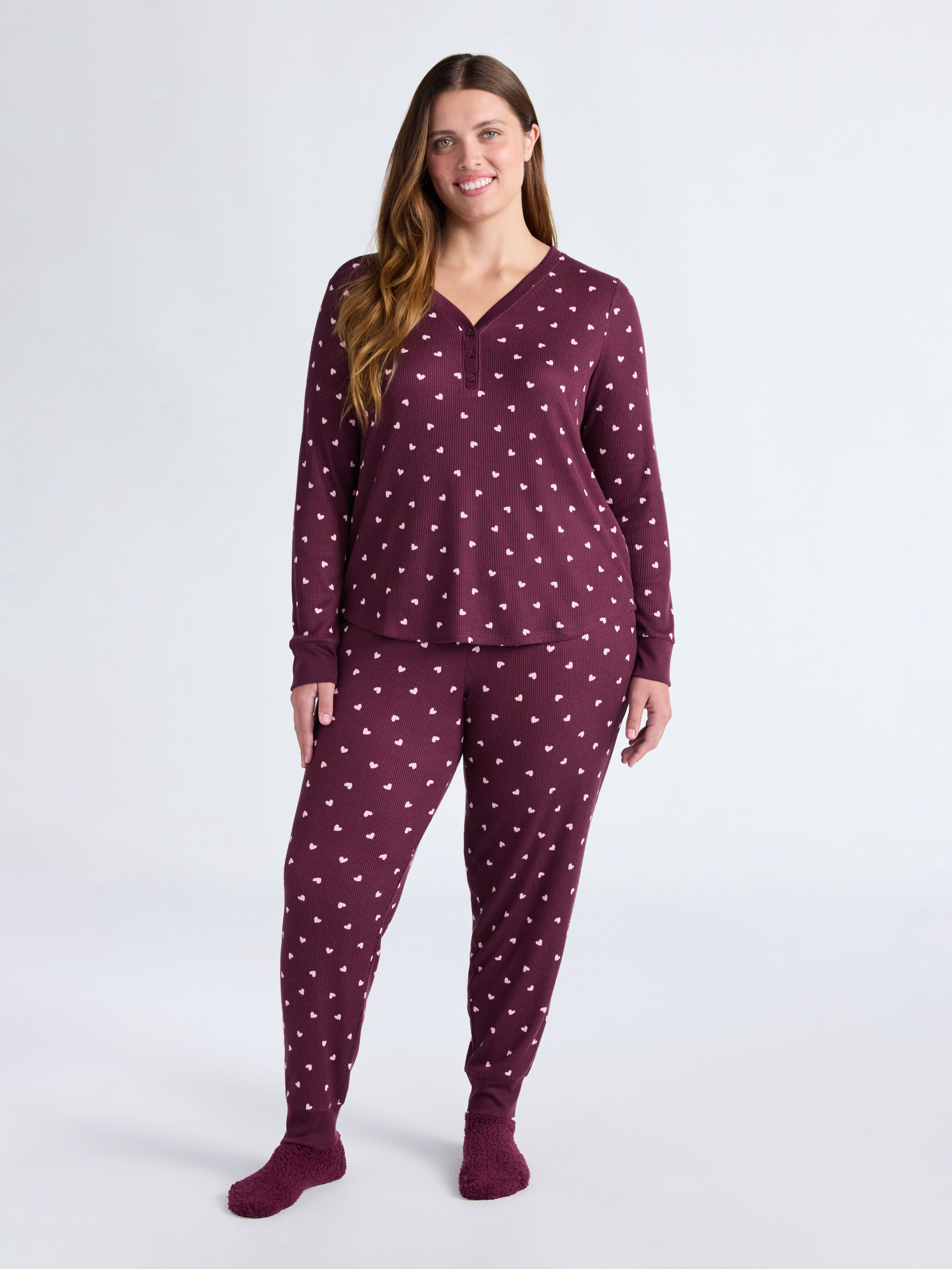 Joyspun Women's Waffle Knit Henley Sleep Top, Joggers and Socks Pajama Set, 3-Piece, Sizes XS-3X