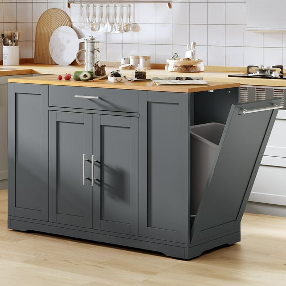 Dextrus Kitchen Island Cart with Trash Can Storage Cabinet, Rolling Kitchen Island Storage with Wheels and Drawers for 13-Gallon Trash Bin, Gray