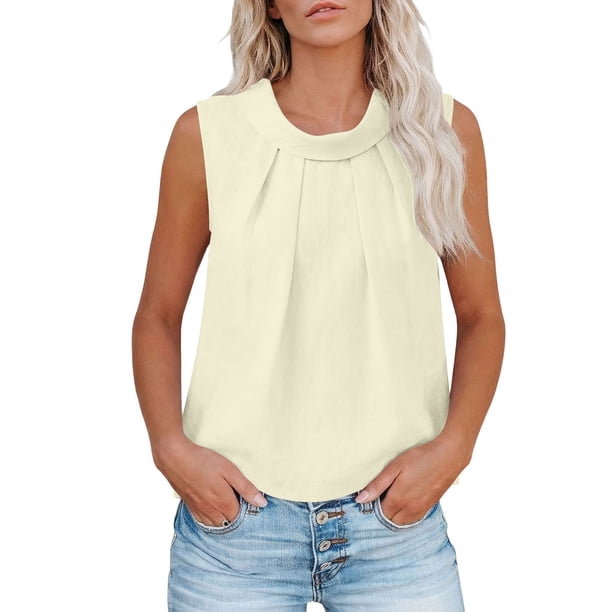 Tops Casuales sin Mangas para las Mujeres Color Sólido Cuello Redondo Plisado Blusa sin Espalda, Tops de Color Sólido para las Mujeres Respirable Primavera Verano Diario