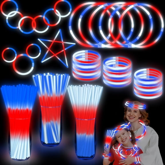BESTSKY 100Pc Glow Sticks 4Th of July Party Favors,3 in 1 Neon Party Glow Bracelets&Necklaces Patriotic Red White Blue Glow Stick with Connectors for Kids&Adult Party Supplies,250Th Anniversary Decor