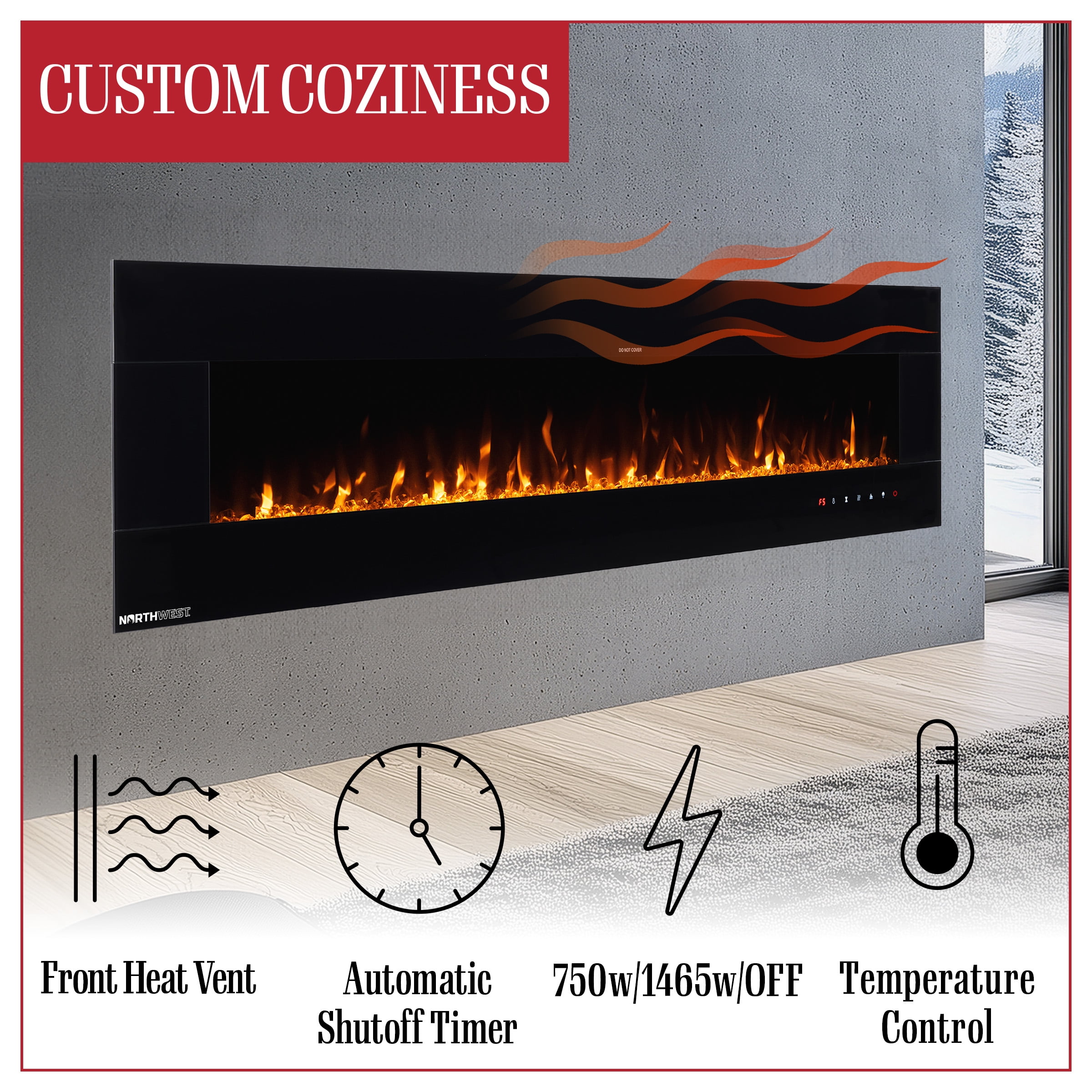 Northwest 72in Wall Mount Electric Fireplace with Bluetooth Speakers, Black