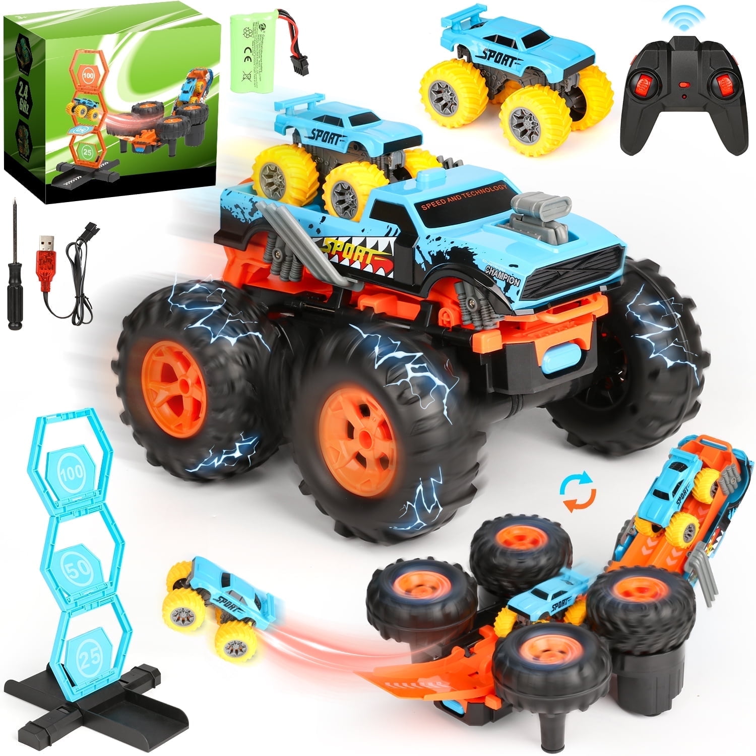 Huge Wave Remote Control Car, 1:16 Scale RC Stunt Monster Truck Toys, with Transform Track and Mini Car, Christmas Birthday Gift