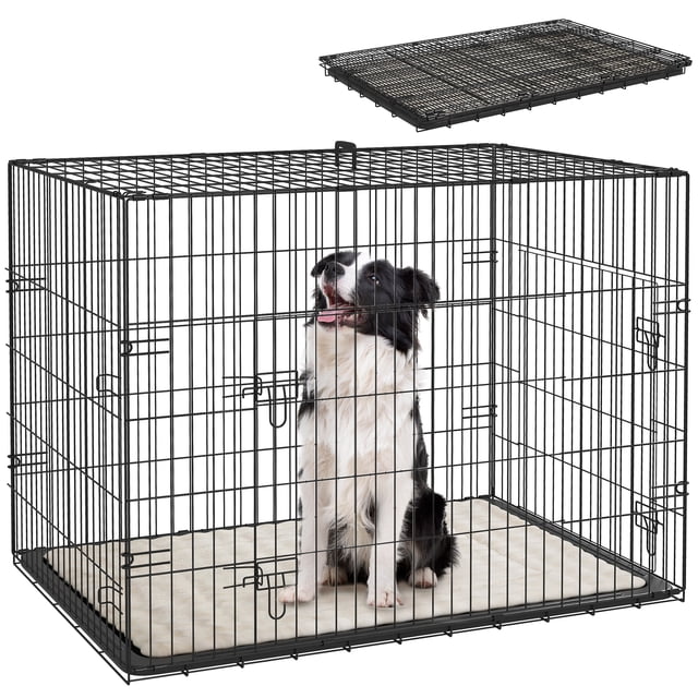 PawHut 35" Dog Crate, Folding Metal Dog Kennel with 2 Doors, Tray, Cushion