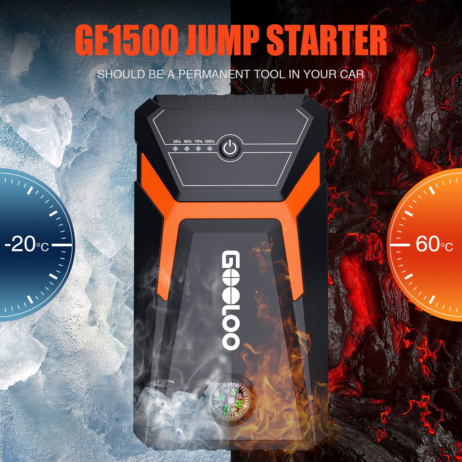 GOOLOO 1500A Car Jump Starter with LED Flashlight and built-in Compass