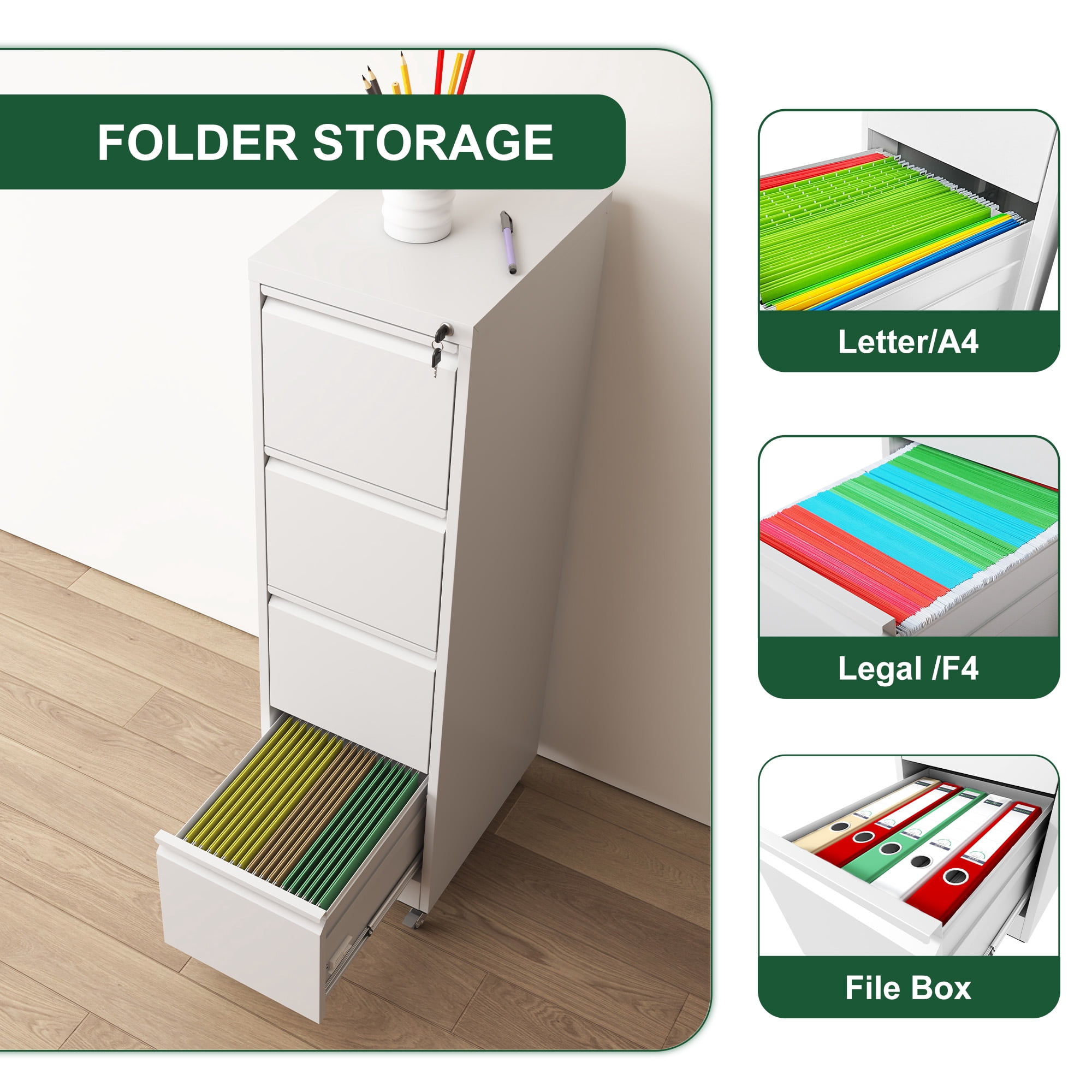 4 Drawer Metal Locking Vertical File Cabinet on Wheels, Heavy-Duty Lockable Cabinet for Home & Office, Black, 17.71"D*15.16"W*52.28"H, White