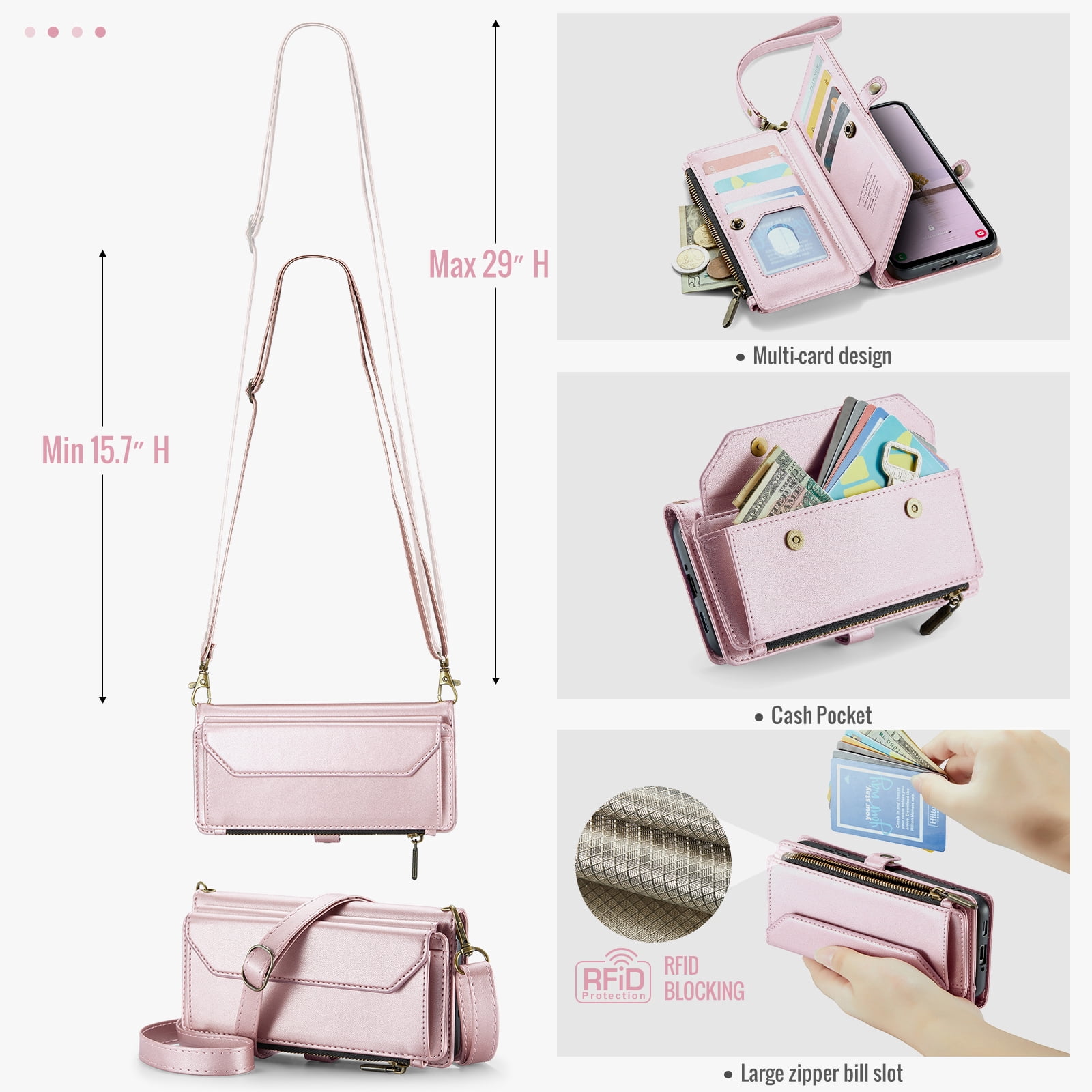 Asuwish Compatible with Samsung Galaxy A17 5G Zipper Wallet Phone Case Tempered Glass Screen Protector Crossbody Lanyard Strap Flip Card Holder Slot Cell Cover for A 17 17A G5 Women Girls Rose Gold
