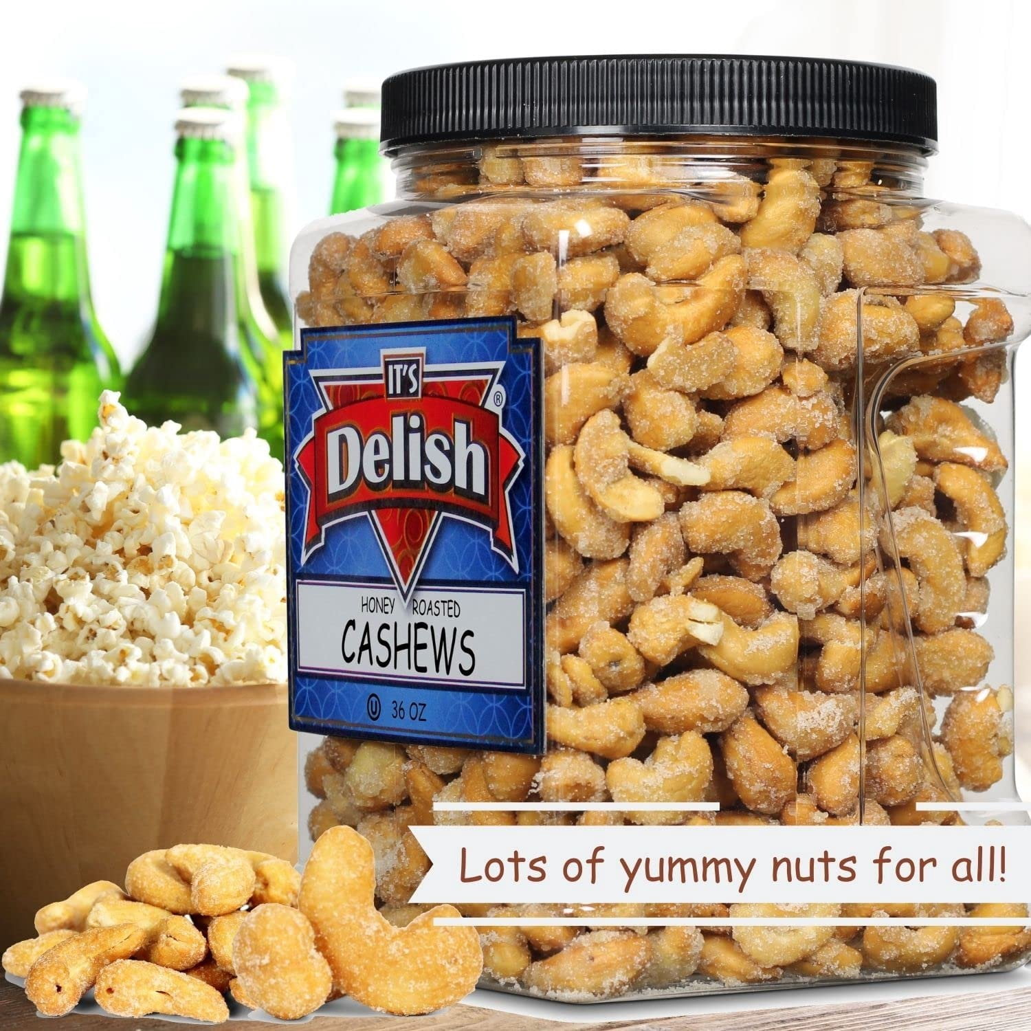 Honey Roasted Cashews by It's Delish, 36 Oz Reusable Jumbo Container  Gourmet Cashew Nuts in Honey Sugar Coating, Sweet & Heart Healthy Salted Nut, Kids Snack - Non-Dairy, Kosher Parve