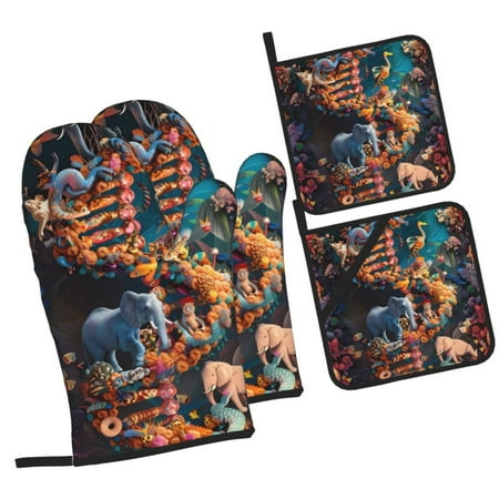 

Honeii Whimsical Animal Spiral Pattern Oven Mitts and Pot Holders Silicone Oven Gloves 500 F Heat Resistant Oven Mitts Sets 4PCS