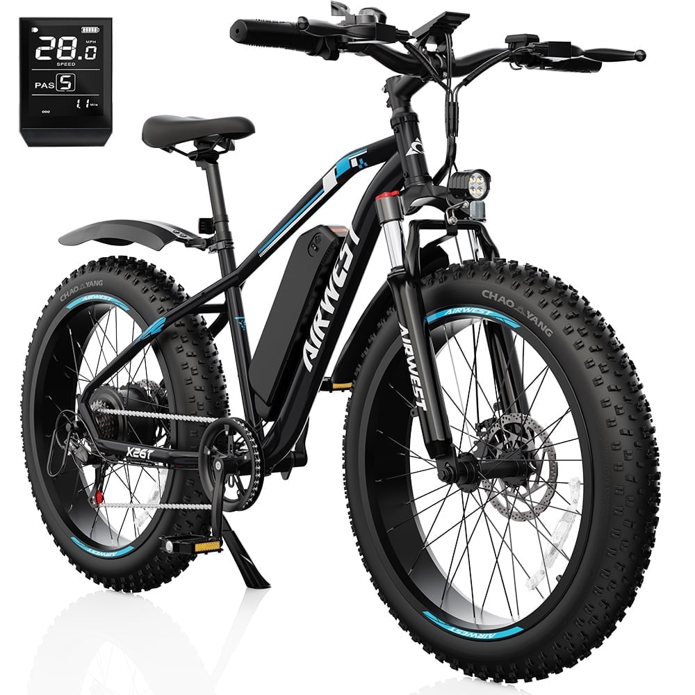 AIRWEST 26" Men's Electric Mountain Bike - 500W Motor, 48V 13Ah Removable Battery, 7-Speed Fat Tire E-Bike for Snow/Sand/Off-Road - UL2849  - Max 25MPH