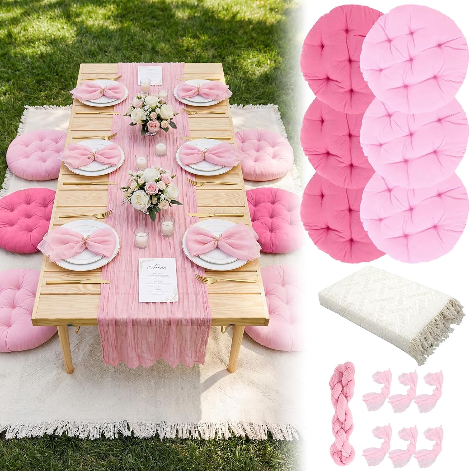 91 x 71'' Extra Large Outdoor Picnic Blanket with Beige Table Runner 6 Napkins and 6 Beige Floor Pillows Cushions for Picnic Party Camping Wedding Bachelorette Birthday Baby Shower Decor