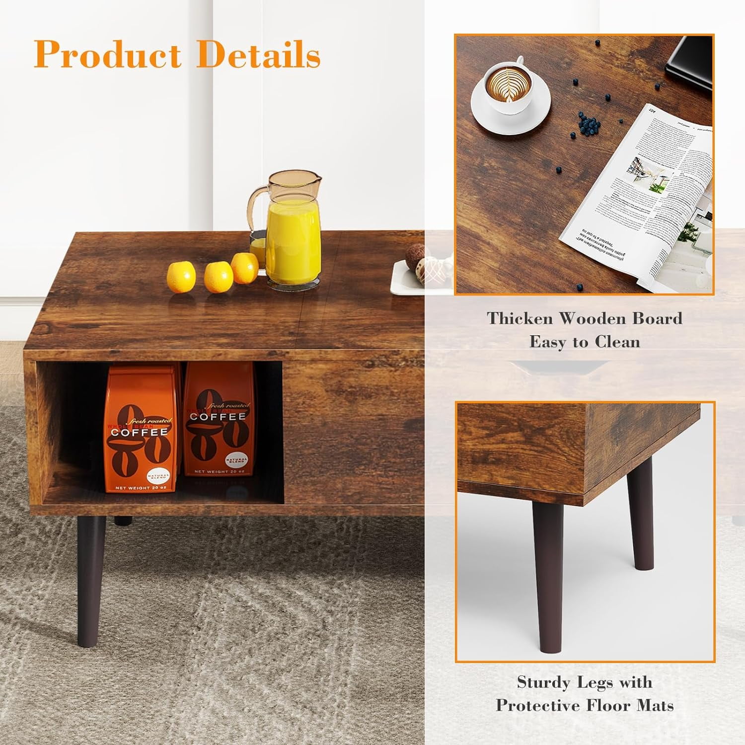Simenmax Coffee Table, Lift Top Coffee Tables for Living Room with Storage Shelf and Hidden Compartment,Brown