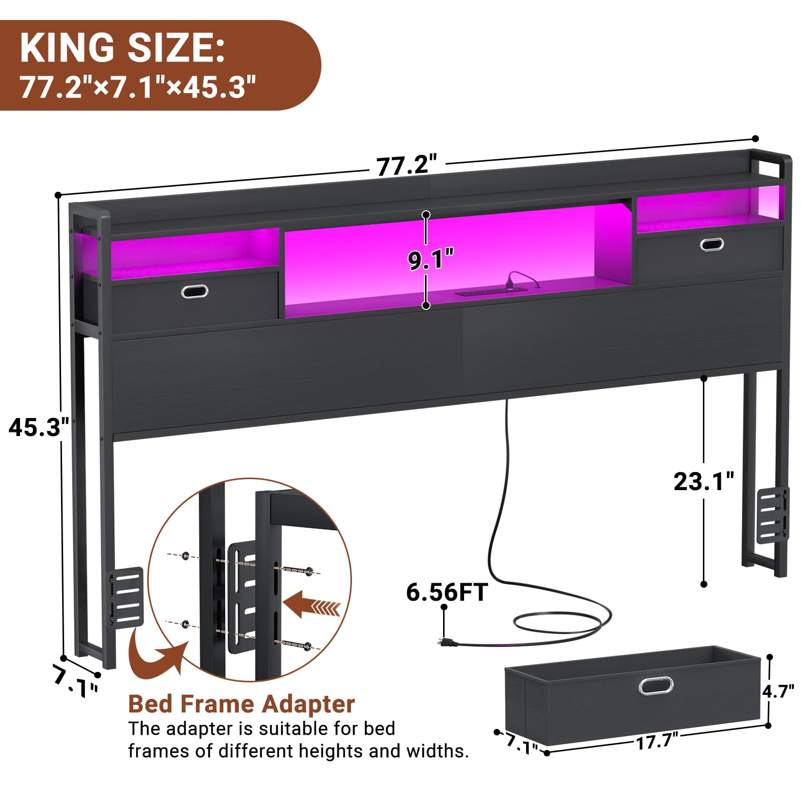 Aheaplus King Headboard with Drawer Storage and LED Light, Wood Headboard for King Size Bed with Power Outlet and Bookcase, Sturdy Head Board for Bedroom, Dorm Room, Guest Room, Black