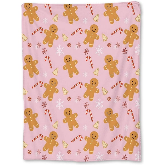 Gingerbread Men Christmas Blanket Cozy Holiday Throw for Couch Bed Travel Pink Candy Cane Decor