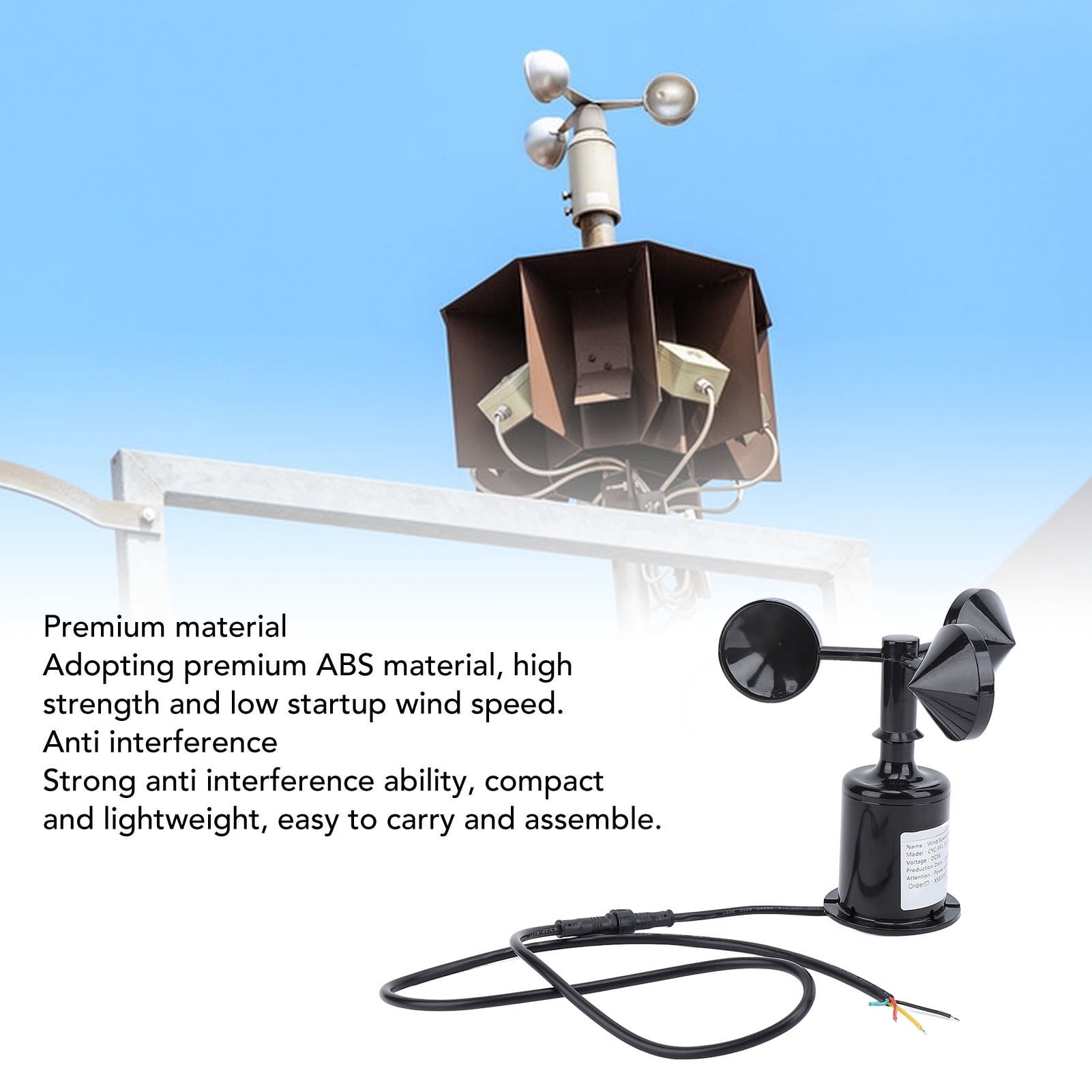 Nieyigj High Accuracy Wind Speed Monitoring Sensor, 3-Cup Anemometer DC 5V with RS485 Modbus for Weather Stations & Agriculture, Black (6.2 in / 15.8 cm)