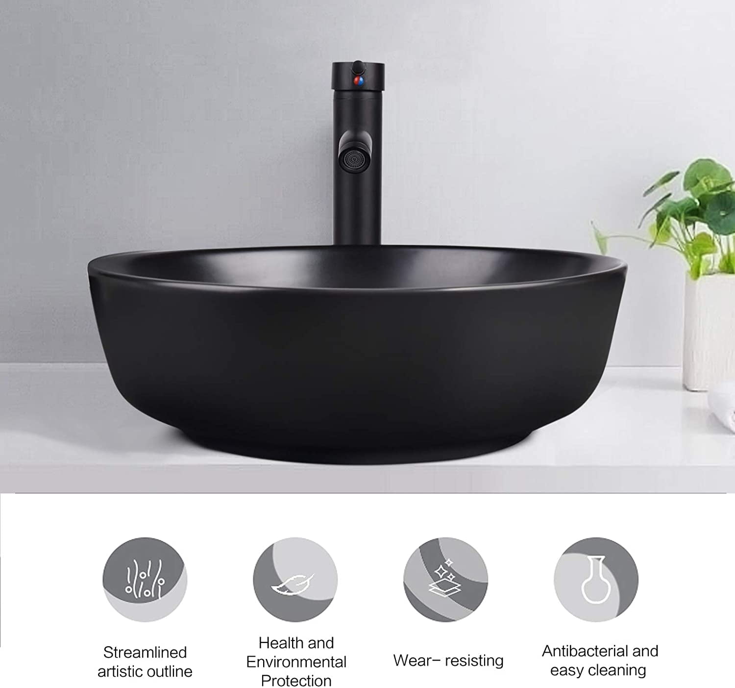 ELECWISH Bathroom Sink and Faucet Combo Artistic Porcelain Ceramic Vessel Sink Basin Washing Bowl Set, Cabinet Countertop Sink with Chorme Faucet Pop-up Drain and Water Pipe Lavatory
