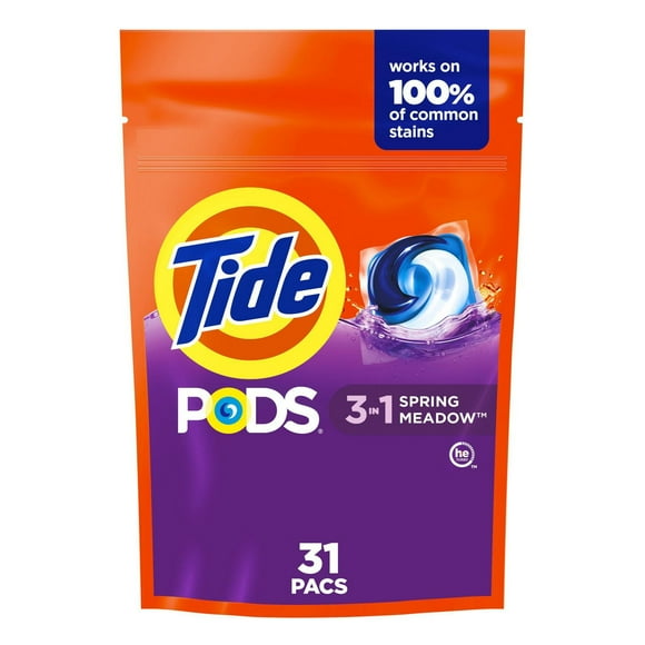 Tide PODS laundry detergent pacs, 3-in-1 Stain Remover, Odor Fighter, Color Protector, HE compatible, Spring Meadow Scent, 31CT