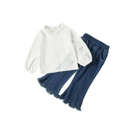 

aturustex Toddler Baby Girls Outfit Hollow-out Long Sleeve Lace Shirt Pullover Tops + Flared Jeans Set