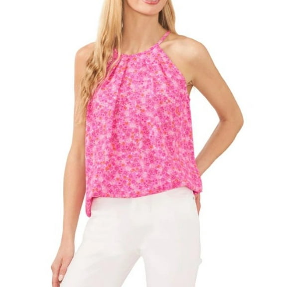 CeCe Women's Sleeveless Pleated Floral-Print Halter Top Pink Size XL
