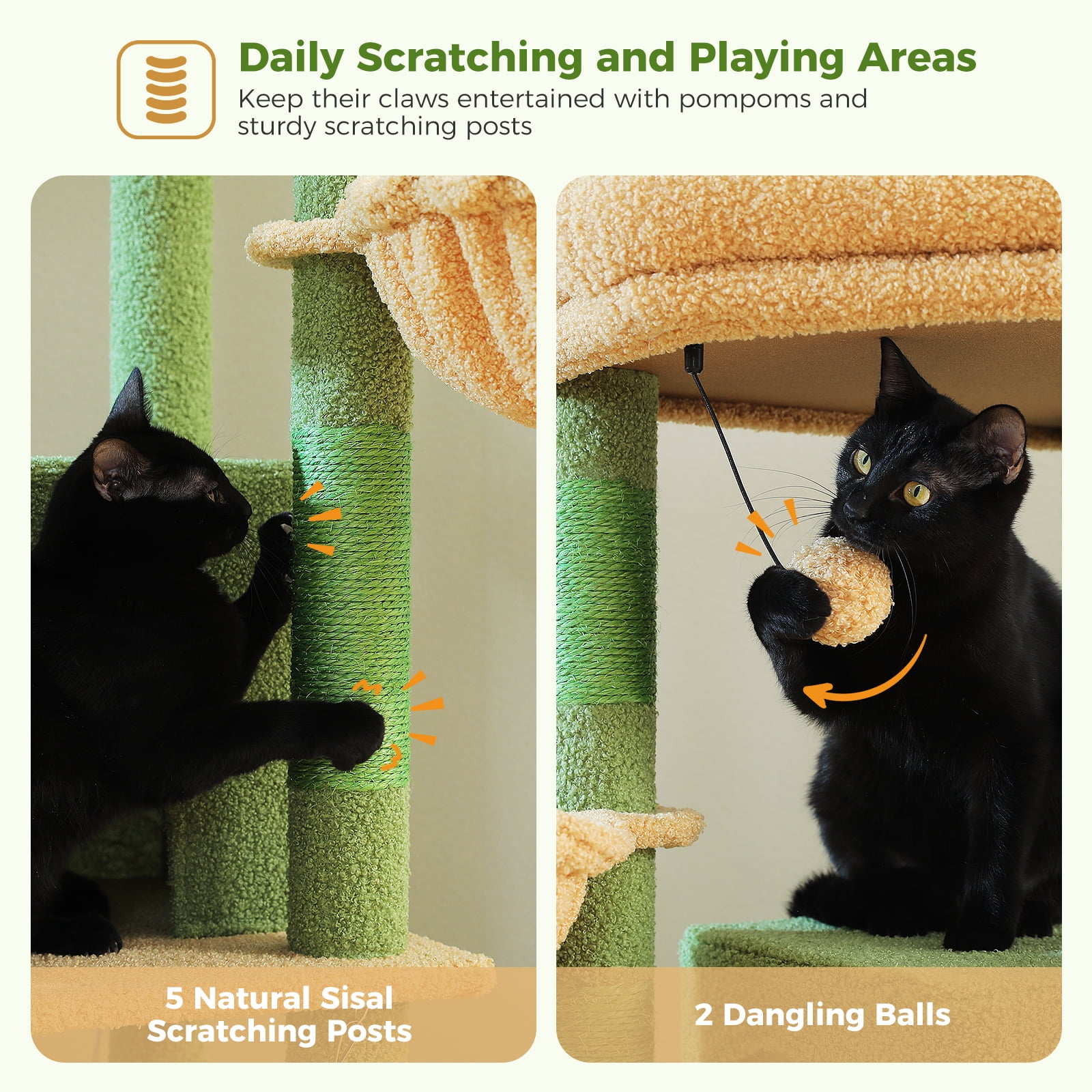 Pefilos 70" Tall Cat Tree Tower with Hammock, 5 Scratching Posts, 2 Condos and a Large Top Perches for Large Cats, Green