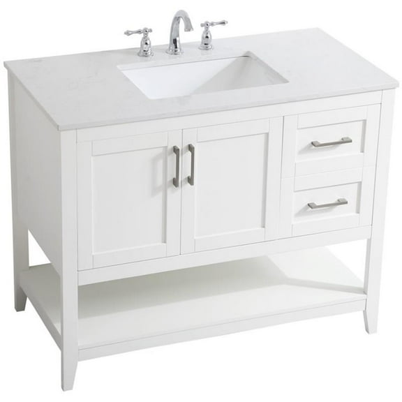 Pemberly Row Traditional 42" Single Quartz Top Bathroom Vanity in White