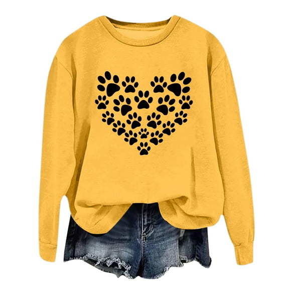 Arlun Womens Dog Mom Sweatshirts Cute Dog Paw Printed Heart Graphic Long Sleeve Crewneck Pullover Sweatshirt Casual Soft Comfy Fall Winter Lightweight Basic Tops Yellow XL