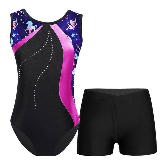 YONGHS Kids Girls Gymnastics Dance Athletic Outfits Leotard Shorts Set A Navy Blue&Hot Pink 13-14