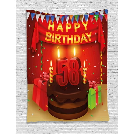 58th Birthday Decorations Tapestry, Celebration Party Surprise Chocolate Cake Fun with Friends Design, Wall Hanging for Bedroom Living Room Dorm Decor, 60W X 80L Inches, Multicolor, by