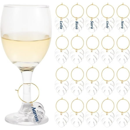 24 Pcs Leaf Wine Glass Markers Tags Transparent Acrylic Wine Glass Rings Wine Glass Jewelry for Glasses Tumbler Cup Wine Tasting Party Gift
