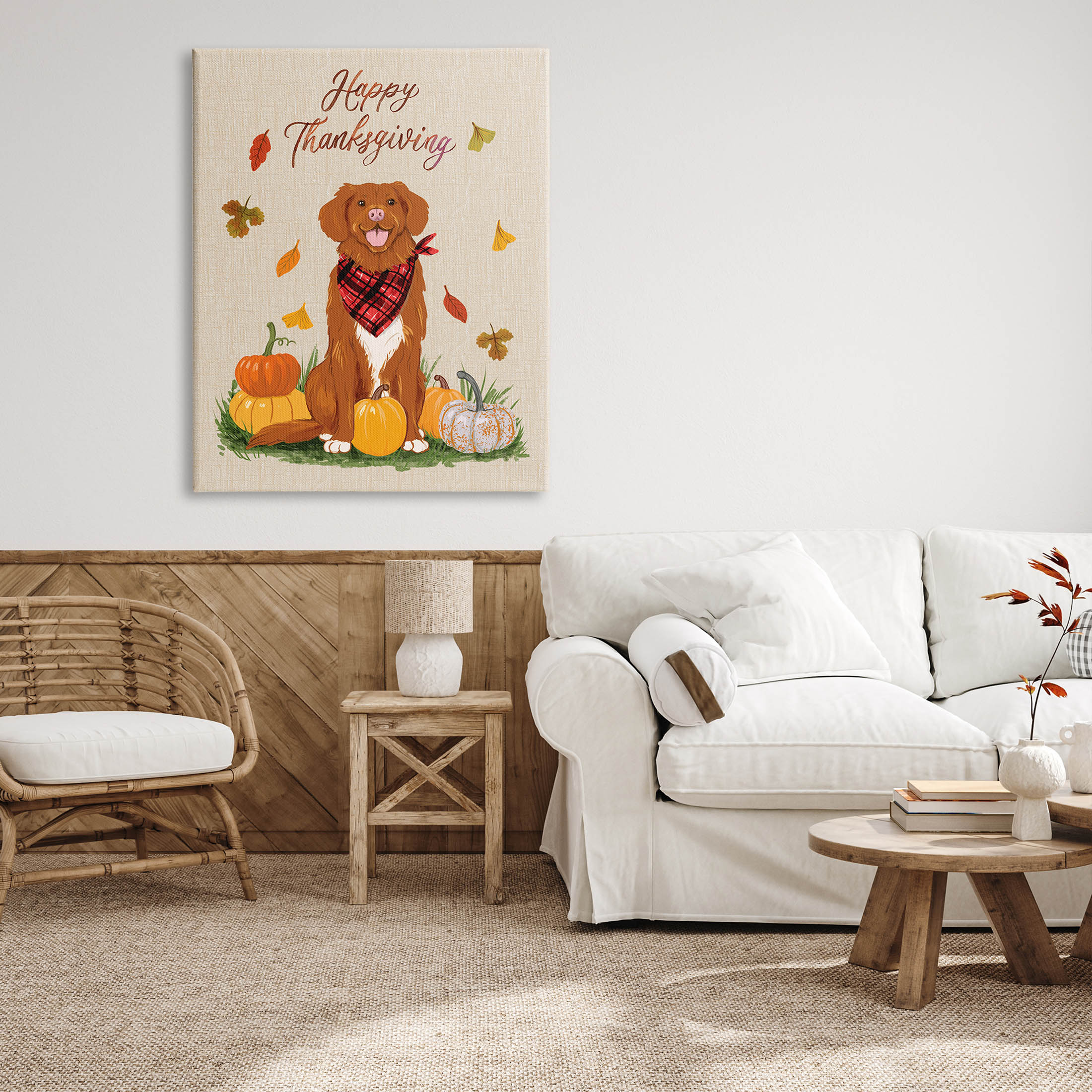 Happy Thanksgiving Pumpkins Dog Holiday Graphic Art Gallery Wrapped Canvas Print Wall Art