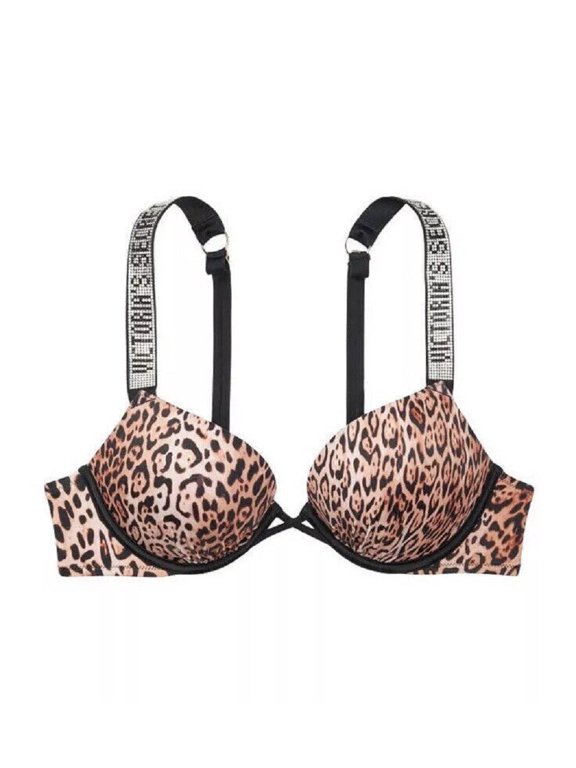 Shine Rhinestone Logo Strap Bombshell Add 2 Cups Push Up Swim Top Leopard Size 36B NWT