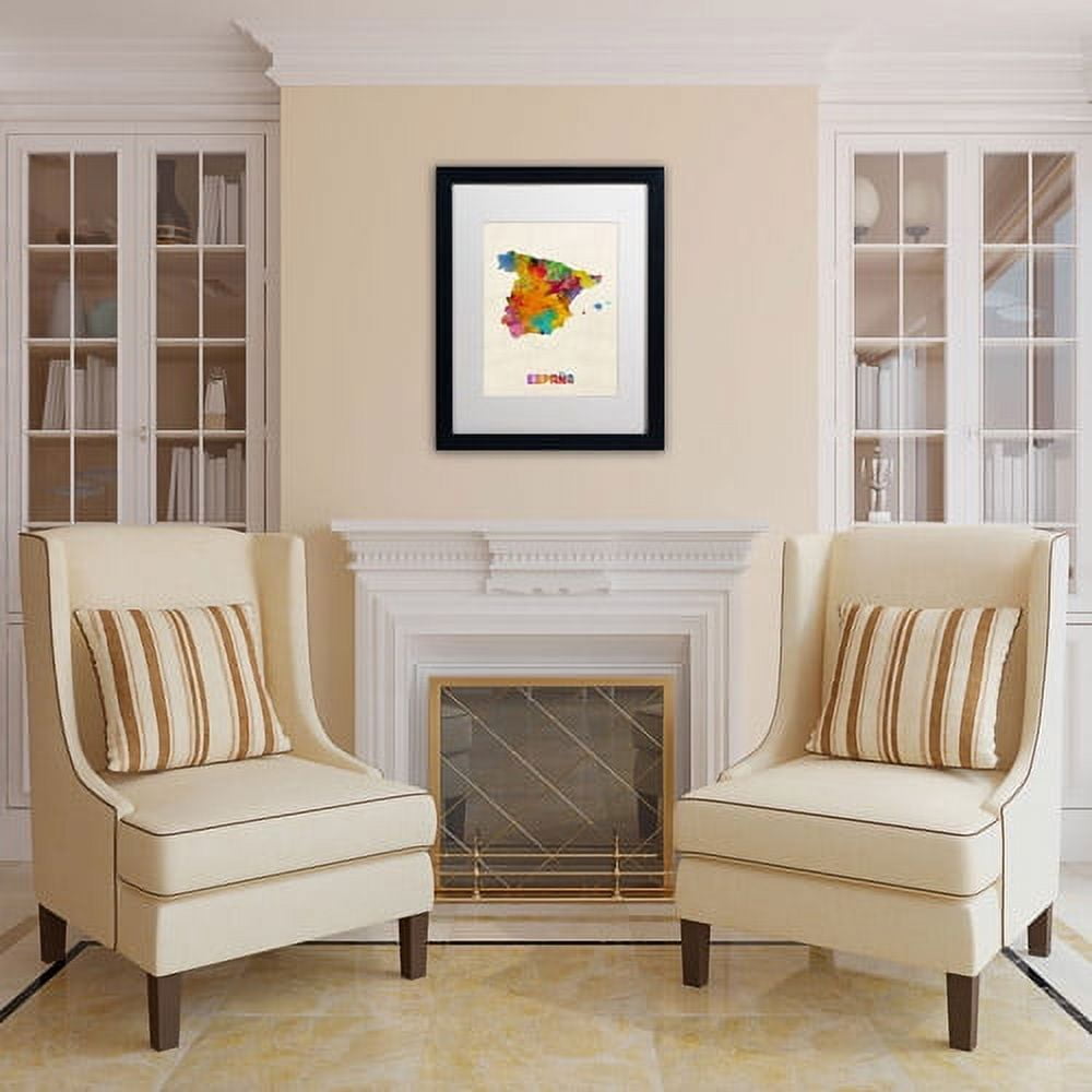 Trademark Fine Art "Spain Watercolor Map" Canvas Art by Michael Tompsett, White Matte, Black Frame
