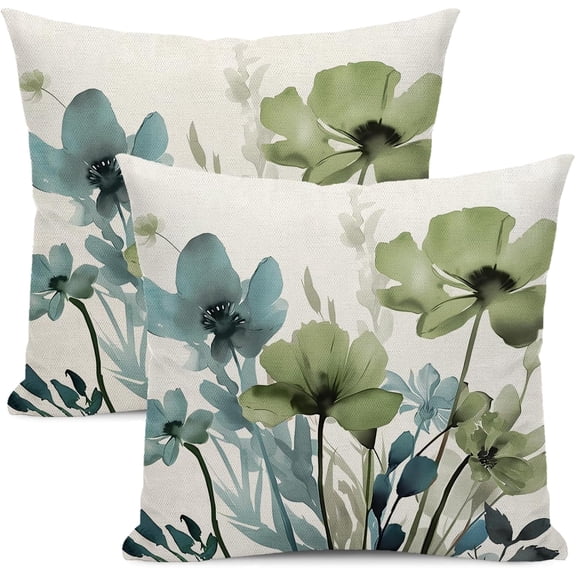 MORAVE Set of 2 18x18 Inches Spring Floral Pillow Covers, Sage Green Blue Flower Pillowcases, Rustic Farmhouse Decorative Cushion Covers for Sofa Couch, Outdoor Summer Decoration