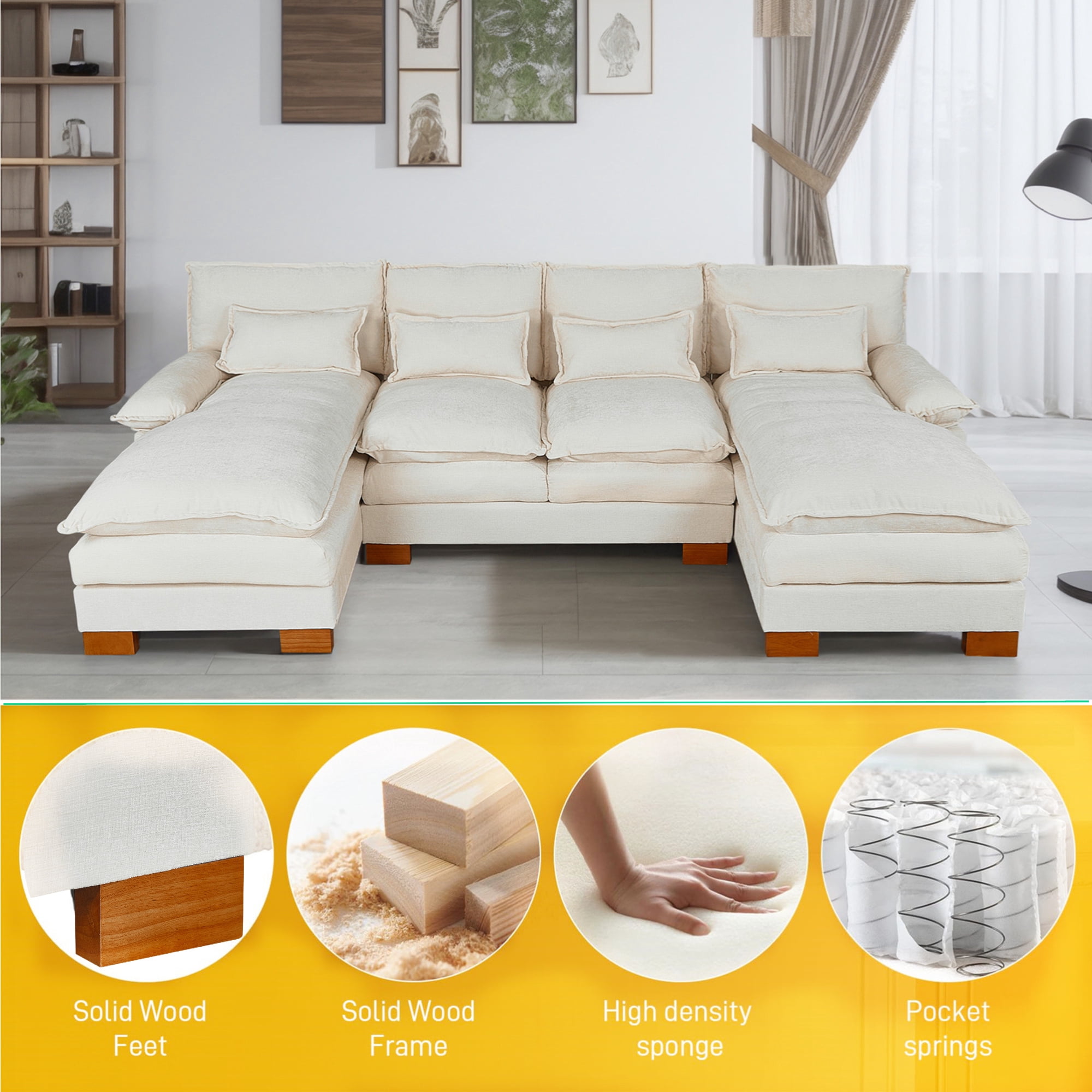 Aukfa 113" Sectional Sofa Couch with 4 Lumbar Pillows&Dual Layer Cushions, Chenille, Beige