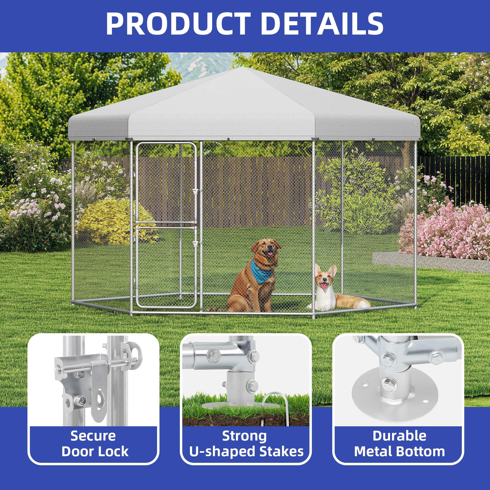 ModFusion 90" Outdoor Dog Kennel with Roof – Heavy-Duty Galvanized Steel Pet Playpen, Weatherproof Canopy, Secure Lock & Hexagonal Wire Fence for Large Dogs