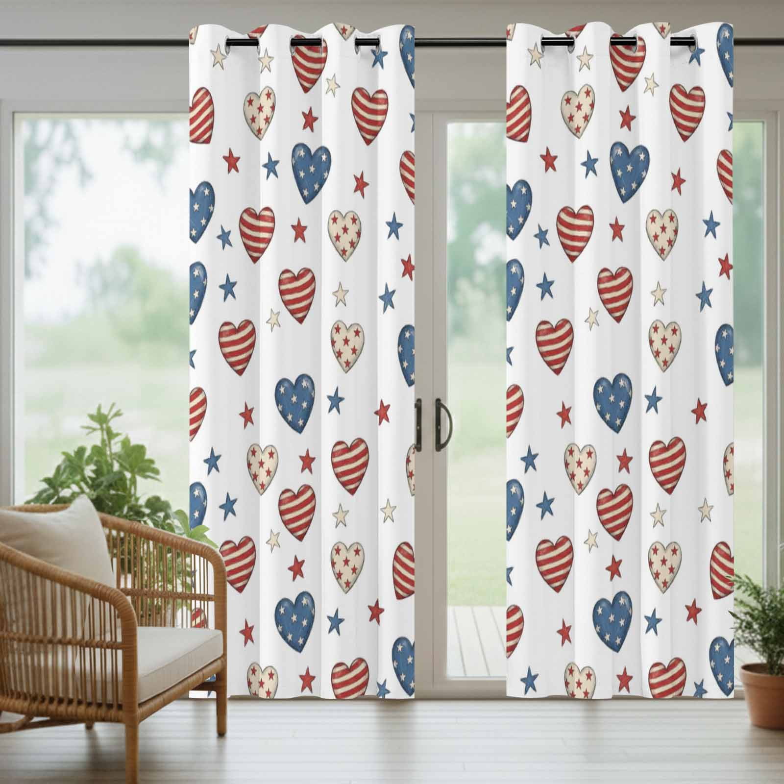 Independence Day Outdoor Curtains for Patio, Patriotic Watercolor Red Stripe Blue Love Heart Star Sunshade Privacy Drapes Grommet Waterproof Outside Curtains for Porch Balcony 54"x108", 1 Panel