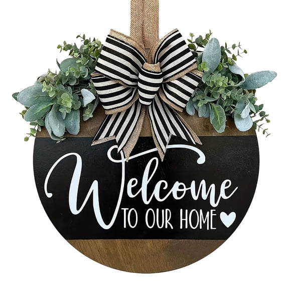 Welcome Door Sign Farmhouse Wooden Front Door Hanger With Greenery Rustic Bow Porch Decor Housewarming Gift, Indoor/Outdoor Decor
