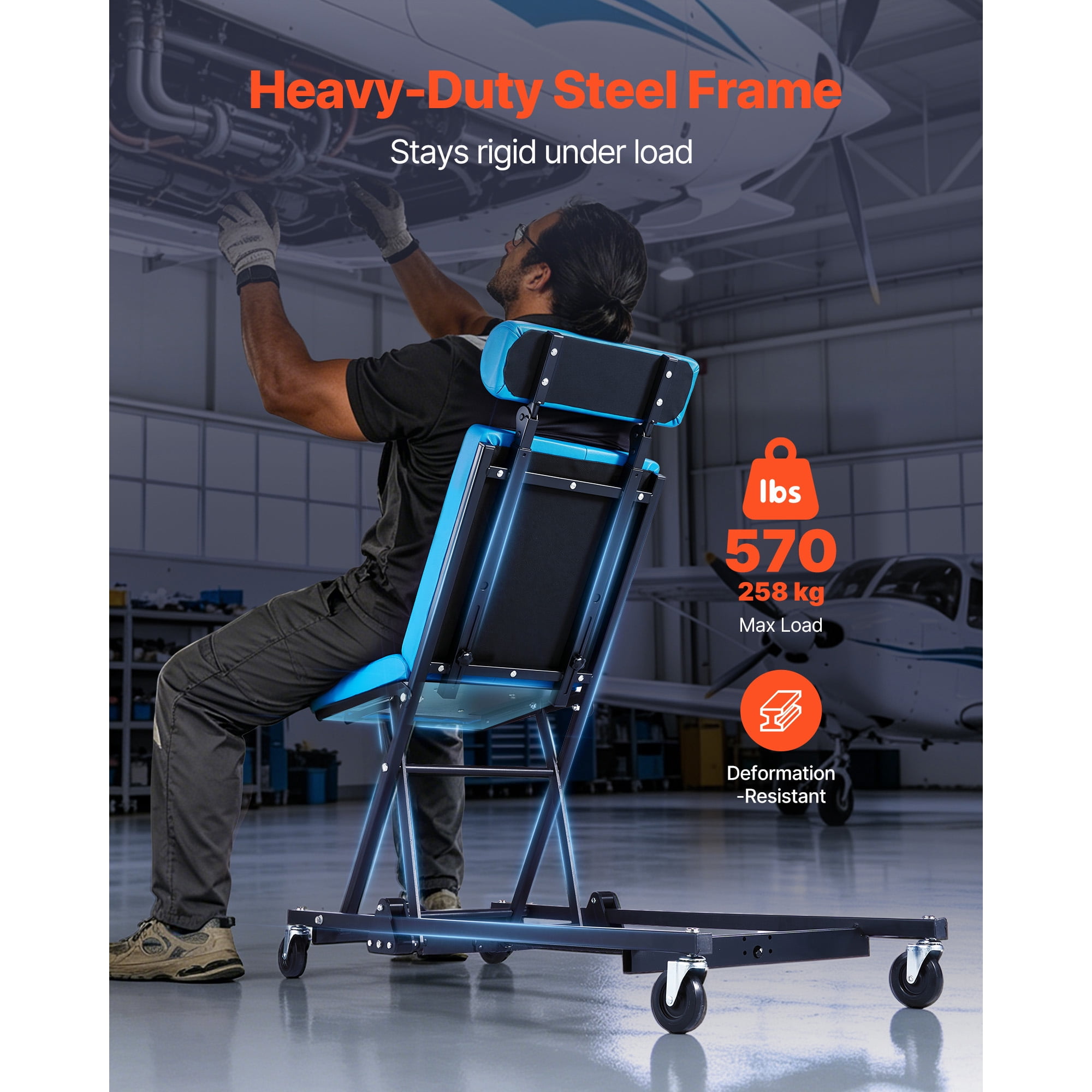 KFFKFF 48 in Adjustable Height Mechanic Creeper, 570 lbs Capacity Rolling Garage Seat with Backrest & Headrest, Cushioned Chair for Vehicle and Aircraft Maintenance