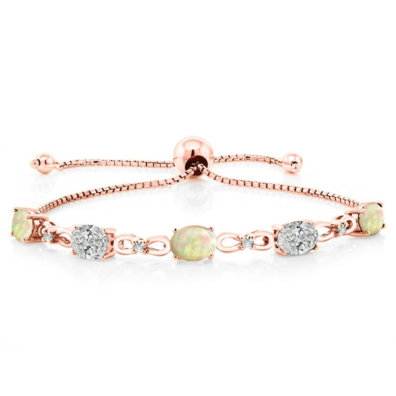Gem Stone King 18K Rose Gold Plated Silver White Ethiopian Opal and Lab Grown Diamond Bracelet for Women | 2.97 Cttw | Gemstone October Birthstone | Oval Cabochon 7X5MM | Fully Adjustable 9 inch