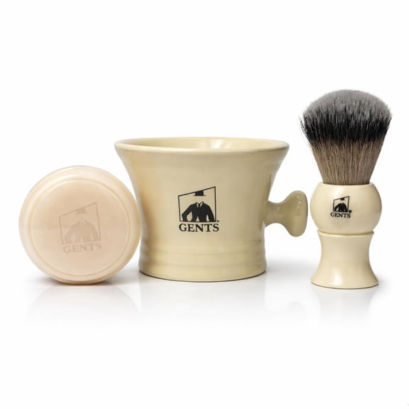 GENTS Heavy Duty Ceramic Shaving Set – Ivory Mug with Knob Handle, Faux Ivory Handle Brush, 3 oz Natural Long-Lasting Lather Soap – Classic Wet Shaving Kit for Men