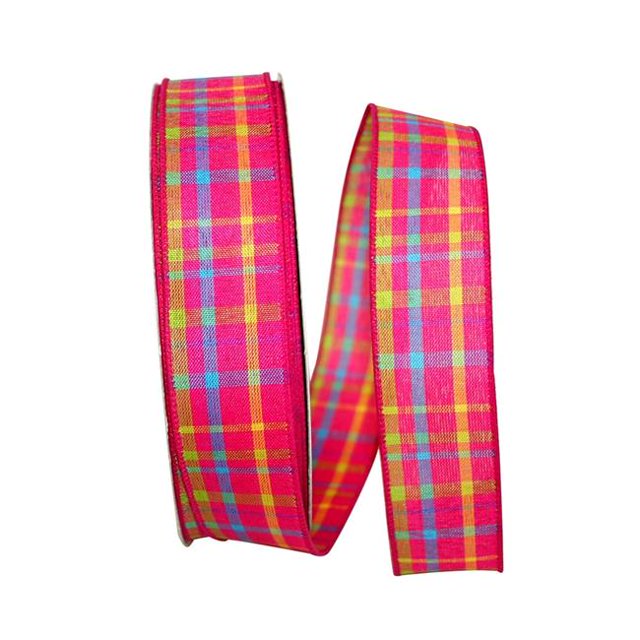 Reliant Ribbon 92577W-222-09K Breezeway Plaid Value Wired Edge Ribbon - Fuchsia - 1.5 in. x 50 yards