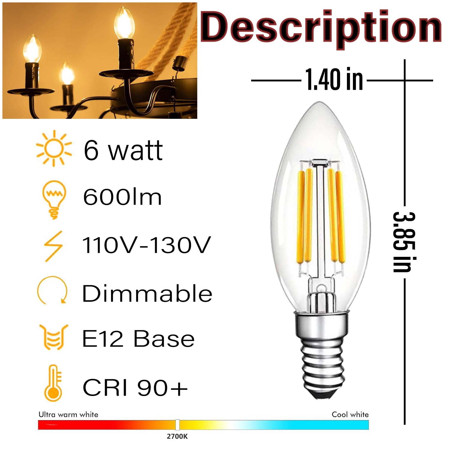 C35 Candelabra LED Light Bulb, E12 Base, 6W, 2700K Warm White, Dimmable, 10 Pack