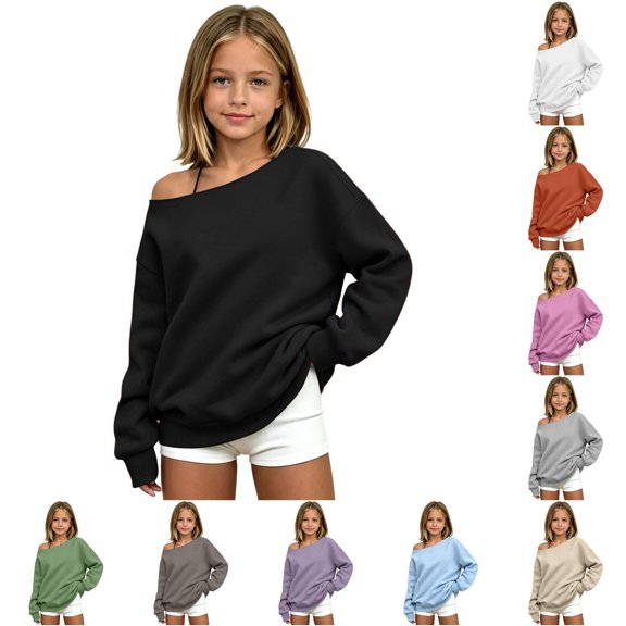 Vividxx Sweatshirts For Girls Off Shoulder Long Sleeve Sweatshirt Kids Solid Color Cozy Everyday Pullovers Tops Relaxed Fit Stylish Comfortable 11-12 Years