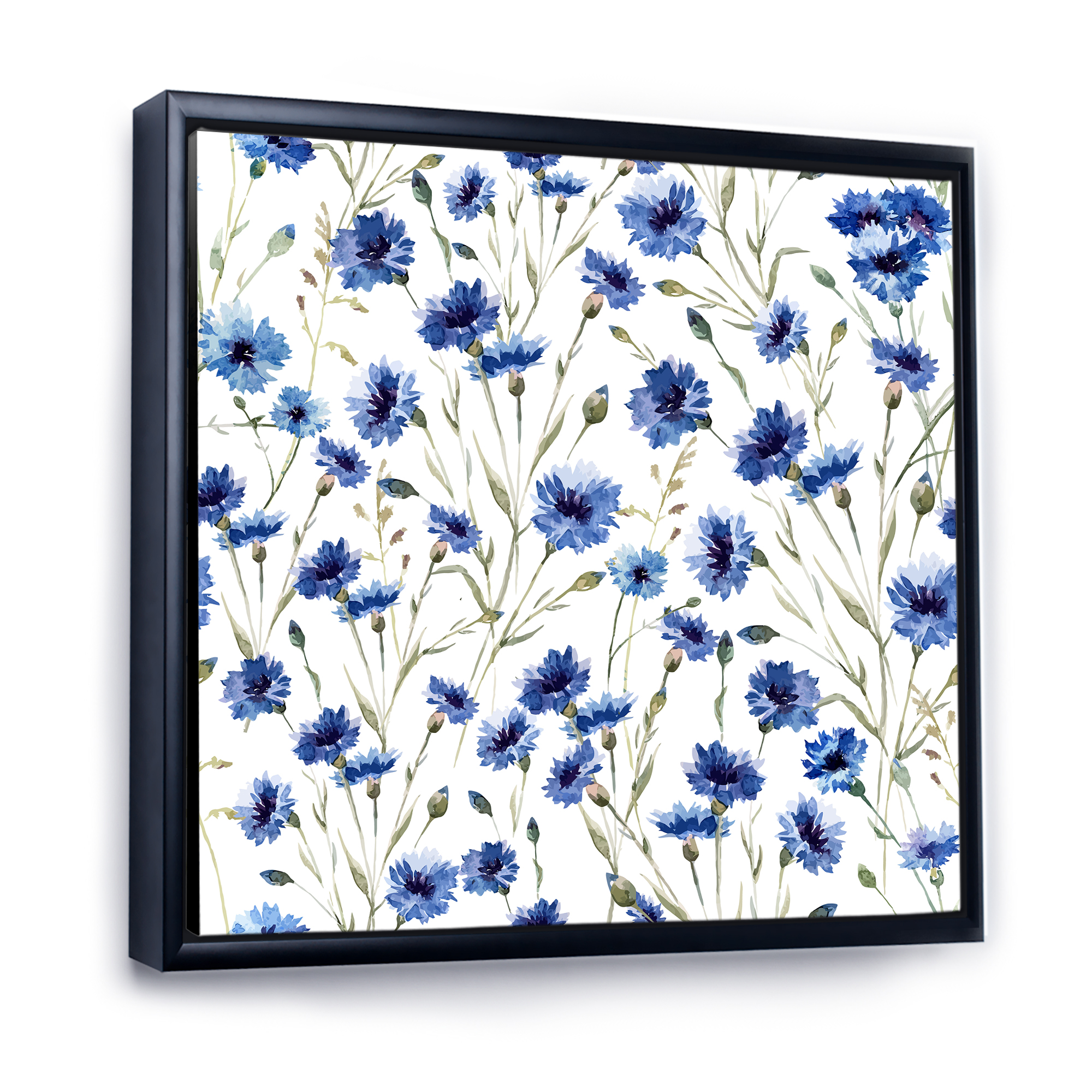 Designart 'Blue Wildflowers With Green Leaves On White' Traditional Framed Canvas Wall Art Print