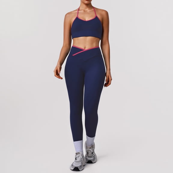 PISONIC Workout Sets for Women 2 Piece Color Block Spaghetti Straps Sports Bra Cross High Waist Legging Gym Yoga Pilates Outfits