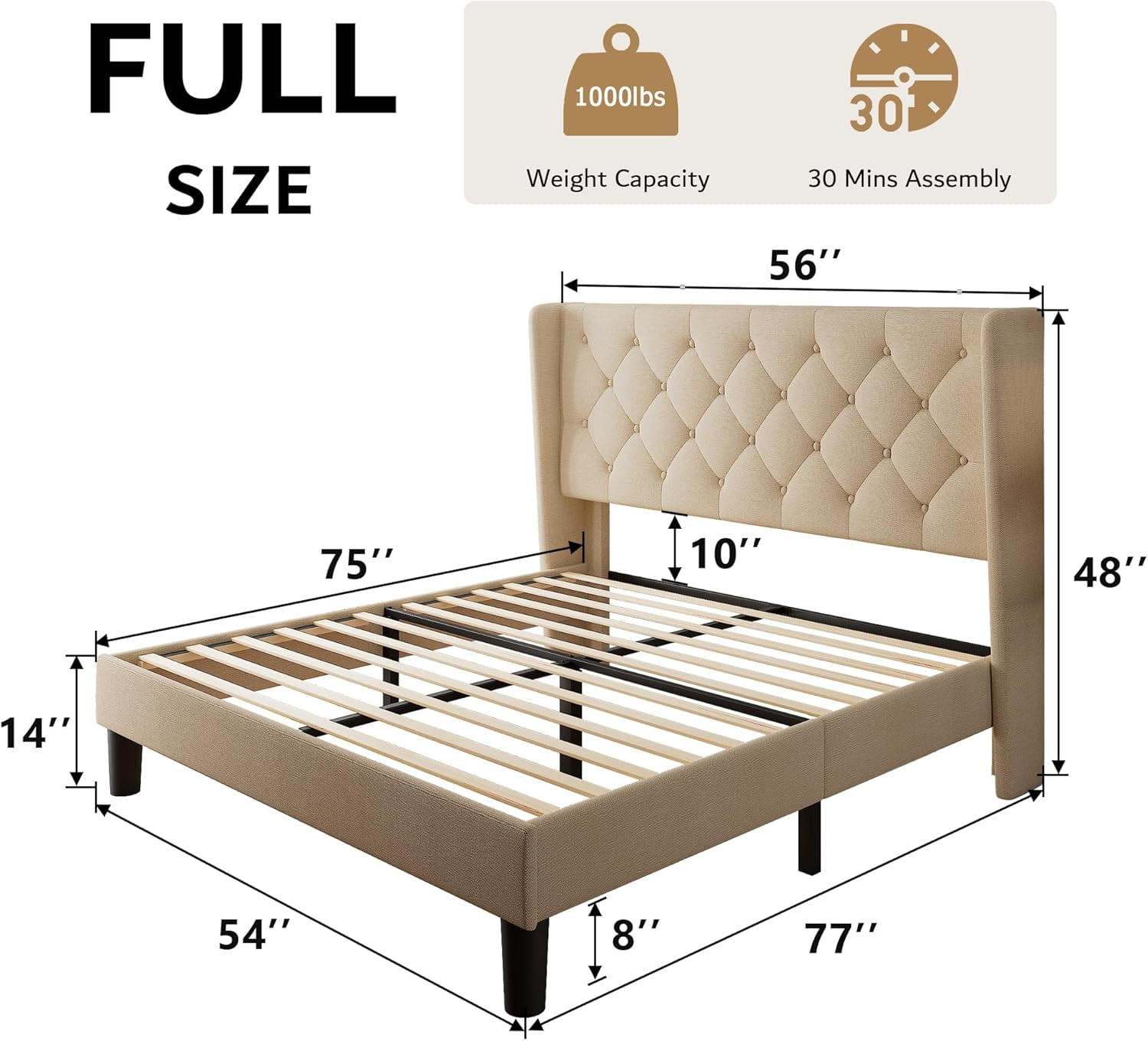 iPormis Full Size Bed Frame with Diamond Button Tufted Wingback Headboard, Upholstered Platform Bed Frame with Strong Wood Slat Support, No Box Spring Needed,Beige